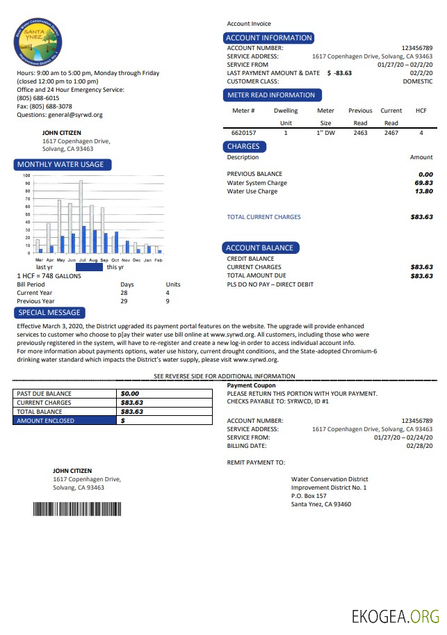 USA California Santa Ynez water utility bill template in Word and PDF format